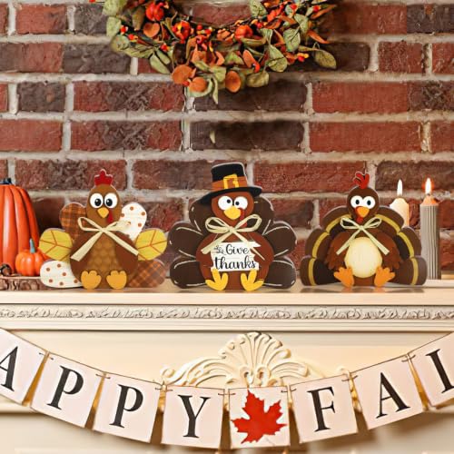 3 Pcs Thanksgiving Decorations for Home Wooden Turkey Table Centerpiece Rustic Wood Signs Block Harvest Tabletop Fall Decor Indoor Tiered Tray Office Desk Shelf Mantel Kitchen Autumn Party Supplies