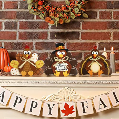 3 Pcs Thanksgiving Decorations for Home Wooden Turkey Table Centerpiece Rustic Wood Signs Block Harvest Tabletop Fall Decor Indoor Tiered Tray Office Desk Shelf Mantel Kitchen Autumn Party Supplies