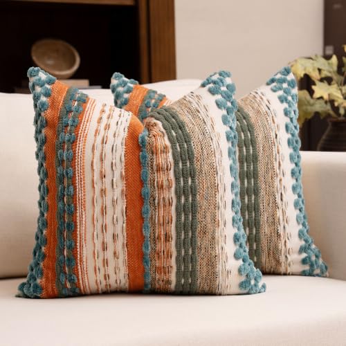 Boho Chenille Tufted Throw Pillow Covers 18x18 Inch Set of 2 Farmhouse Rust Teal Woven Striped Decorative Pillowcases for Couch Sofa Bed - color: Rust Teal