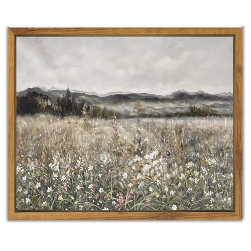 SHENIFY Vintage Landscape Framed Canvas Wall Art Prairie in Full Bloom Classic Oil Painting Modern Farmhouse Kitchen Office Decor - 8x10in Natural Framed - color: Flower Meadow, size: 10"L x 8"W
