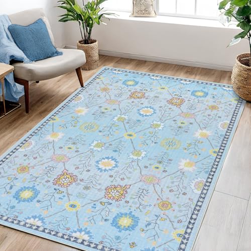 4x6 Area Rugs, Washable Floral Boho Rugs, Non Slip Low Pile Ultra-Thin Carpet, Indoor Door Mat for Living Room, Kids Playroom, Bedroom, Girls Dorm, Nursery (Blue Floral) - color: Blue-floral, size: 4' x 6' (Rectangular)