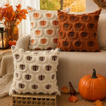 DFXSZ Fall Pillow Covers 18x18 Set of 2 Brown Pumpkins Embroidery Beige - color: Beige Brown Pumpkin, size: 18" x 18" (Pack of 2)