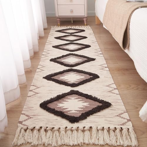 Boho Runner Rug 2'x6', Washable Hallway Rug Runner Non Slip Rubber Backed, Kitchen Farmhouse Area Rug Floor Mat with Tassels, Tufted Woven Cotton Entryway Carpet, Brown - color: Brown, size: 2' x 6' (Runner)