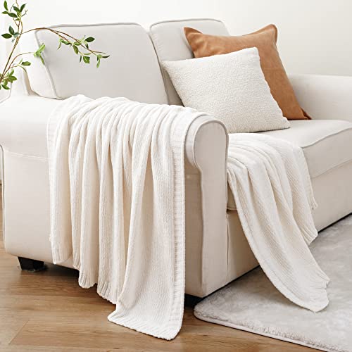 Chenille Throw Blanket for Couch, Knit Throw Blanket 51"x67", Ivory White - color: Ivory