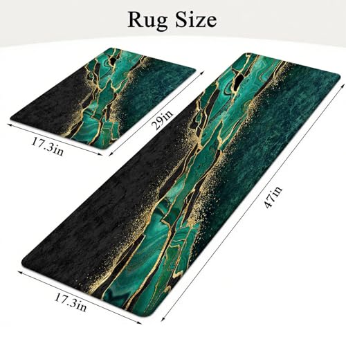 Kitchen Mats Set of 2, Cushioned Anti Fatigue Non Slip Waterproof Runner, Green and Gold Marble Design, PVC Memory Foam for Kitchen Sink and Laundry - color: Green Marble 1