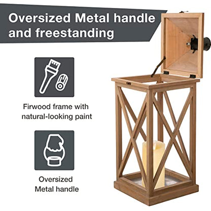 Glitzhome Set of 2 Mondern Farmhouse Wood Metal Decorative Lanterns Hanging Candle Lanterns,Natural (No Glass) - color: Brown