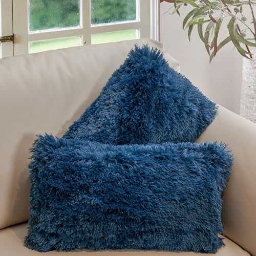 Cheer Collection Throw Pillows for Couch and Bed, Soft Shaggy Throw Pillows with Inserts Included, Cozy Long Hair Faux Fur Pillows - Set of 2-12" x 20" - Navy Blue - color: Navy Blue, size: 12" x 20"