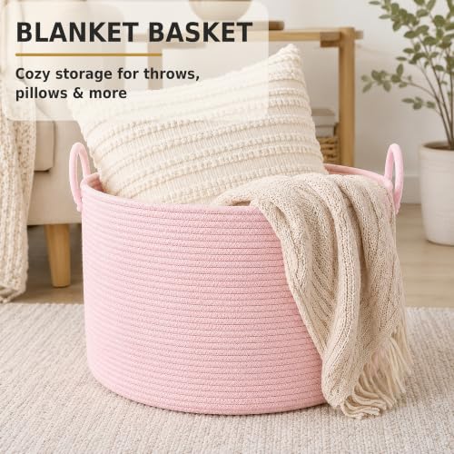 XUANGUO 66L Large Blanket Basket, Round Cotton Rope Basket, Light Pink - color: pink
