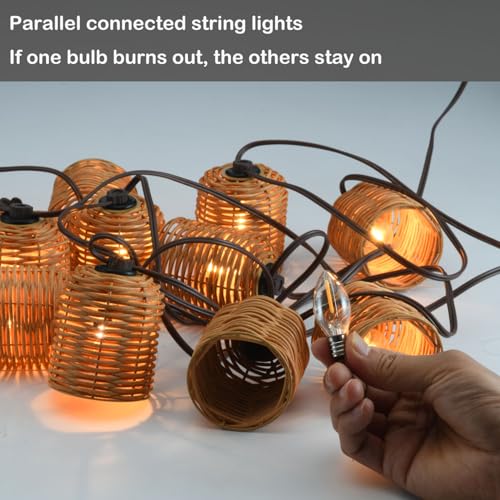 Natural Rattan String Lights, 10 Rustic Raffia Cage, 13 Ft Plug in & Connectable Wicker Lights,Natural Color Rattan - color: Natural Rattam