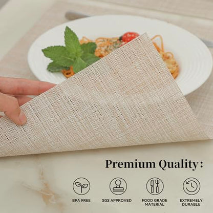 Woven Vinyl Beige Placemats Set of 16, Linen Look & Easy to Clean - color: Beige, size: Set of 16