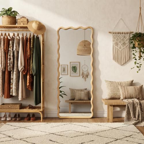 Full Length Mirror, 55”x20” Wavy Wood Floor Mirror for Wall - size: 55"L x 20"W