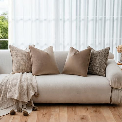 a moment Neutral Khaki Brown 4 Pack Throw Pillow Covers - Chenille & Velvet Set with Piping, Farmhouse Textured Design Pillow Cases for Couch Sofa Bed Livingroom (16x16 Inch, No Insert) - color: Neutral Khaki Brown, size: 16" x 16" (Pack of 4)