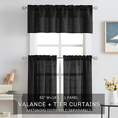 Melodieux Black Semi Sheer Curtain Valance for Kitchen Cafe Small Windows Linen Look Rod Pocket, 52 by 18 Inch, 1 Panel - color: Black, size: 52"W x 18"L (Pack of 1)