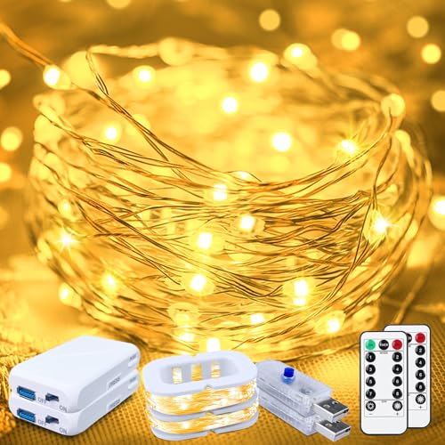 50LED Fairy Lights USB & Battery Powered 2Pack, 16FT Warm White Mini String Light with 8 Modes & Timer, Cuttable Copper Wire Waterproof Twinkle Light Indoor Outdoor for Bedroom Wedding Christmas Decor - color: Warm White, size: 2 Pack