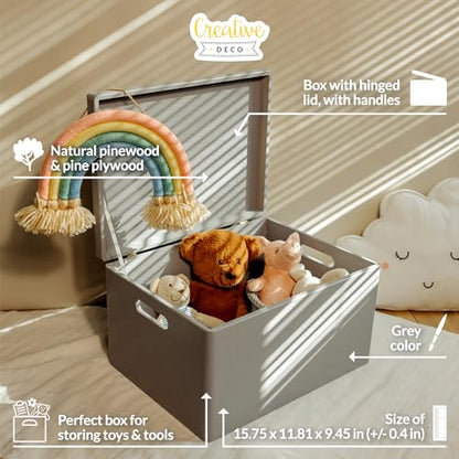 Creative Deco Large Gray Wooden Box Storage with Hinged Lid - color: Gray, size: XXL | Handles