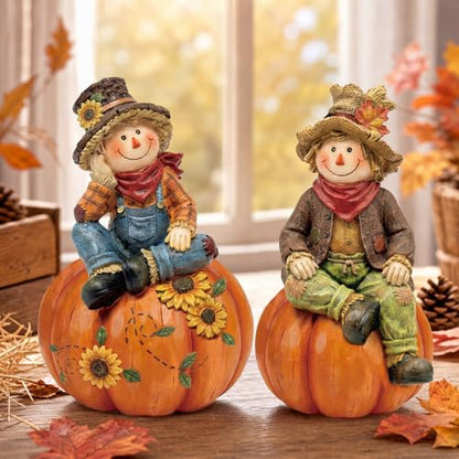 Yuntau 2 Pcs Fall Scarecrows Figurines Wooden Thanksgiving Table Decor - style: Fall Scarecrows