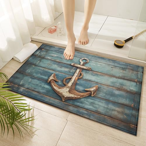 Vintage Nautical Anchor Indoor Door Mat Non-Slip Blue Wood Doormat Washable Decorative Mat Rug for Outdoor Entryway Kitchen Bathroom 17x30 Inch - color: Nautical Anchor Wood