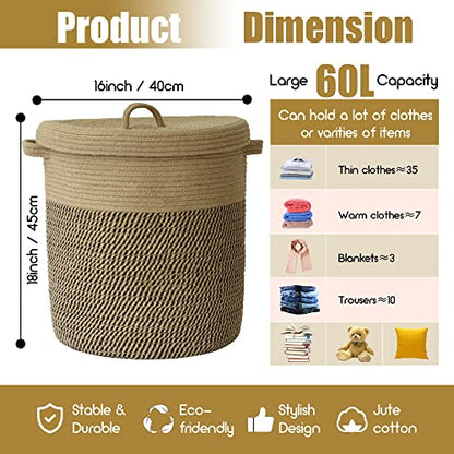 Extra Large Storage Basket with Lid 60L, 16"Wx18"H Woven Laundry Hamper Basket with Handle, Jute Rope Wicker Basket Blankets Pillows Storage in Living Room Baby Nursery, Jute/Black Mix includes Lid - color: Jute/Black Mix-16"Wx18"H
