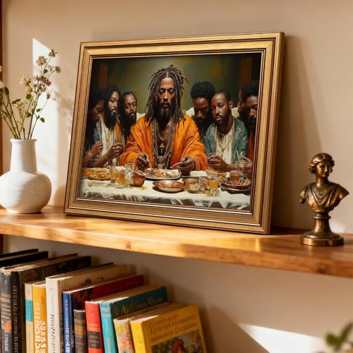 Black Jesus Wall Art Gold Framed Modern Last Supper Picture 12x16 Inch - color: Dinner, size: 16"L x 12"W
