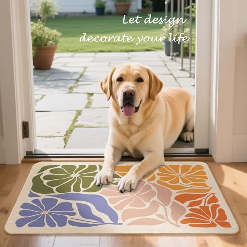 Boho Colorful Floral Faux Linen Door Mat, Abstract Contemporary Minimalist Flower Doormat Outdoor Indoor Entrance Porch, Mid Century Modern Welcome Mats for Front Door, 17x30 Inch - color: Boho 2