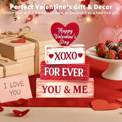 OLANRUN Valentines Day Decorations - 4 Pack Wooden Block Heart Set Signs Valentines Day Table Decor - 7.8 Inch Valentine's Decorations for Home Office Bedroom Tiered Tray Fireplace Mantel - style: Valentines - Love Heart