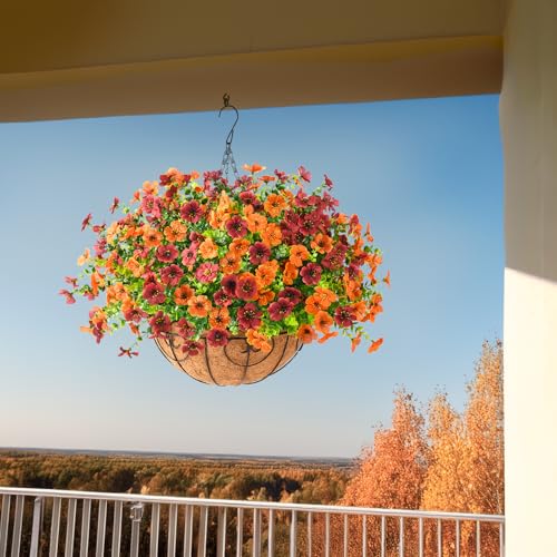 Artificial Fall Hanging Flowers Basket, UV Resistant Mums for Outdoors - color: Orange Brown