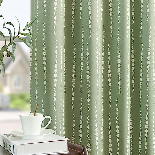 jinchan Boho Blackout Curtains 63 Inch Length Moon Phase Printed Drapes - color: Luna | Sage Green, size: 52"W x 63"L (Pack of 2)