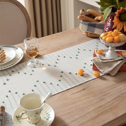 Caflife Green Beige Cotton Linen Rustic Boho Table Runner 13x48 Inch Long - color: Green Beige, size: 13x48Inch