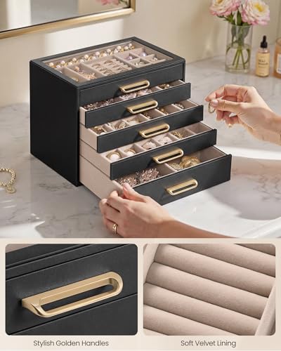 SONGMICS 5-Layer Jewelry Box with Glass Window, 5 Drawers, Golden Handles - color: Black, size: 5-Tier