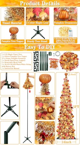 5 FT Fall Tree Fall Decor, Tinsel Maples Tree with 50 Warm White Lights