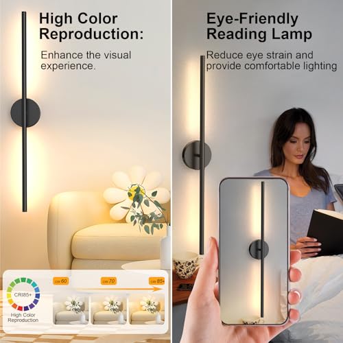 Tartek Battery Operated Wall Sconces Set of Two, Rechargeable Wall Lights with Remote Control, Dimmable 3000K-6000K LED Wall Lamp, 360°Rotate, Long Wireless Sconces for Living Room, Bedroom - color: Black