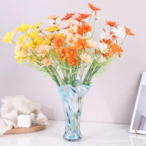 9.0" H Blue White Glass Vases for Flower, Unique Hand Blown Glass Vase - color: Multicolor Blue