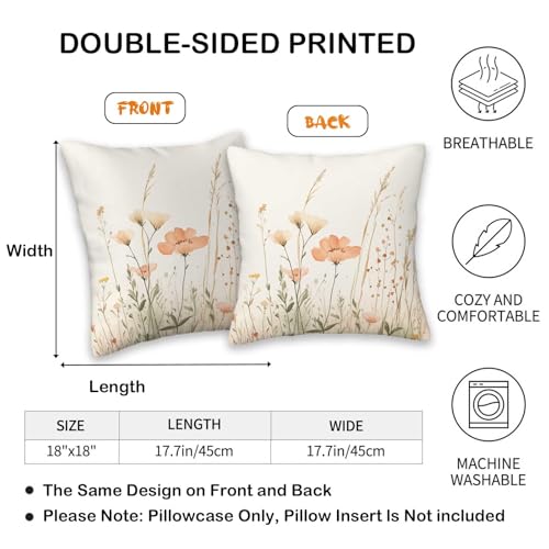 Wildflower Throw Pillow Covers 18x18 Set of 2, Watercolor Floral Decorative Pillow Cases for Couch Sofa Bed Living Room Bedroom Spring Summer Home Decor - color: Vintage Wildflower