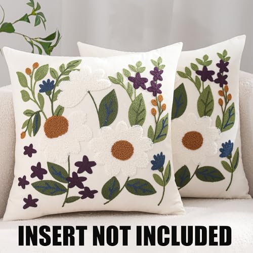 Embroidered Throw Pillow Covers 18x18 Pack of 2 Green Leaves Daisy - color: White Daisy