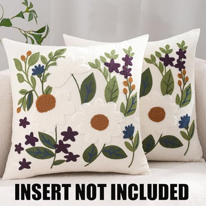 Embroidered Throw Pillow Covers 18x18 Pack of 2 Green Leaves Daisy - color: White Daisy