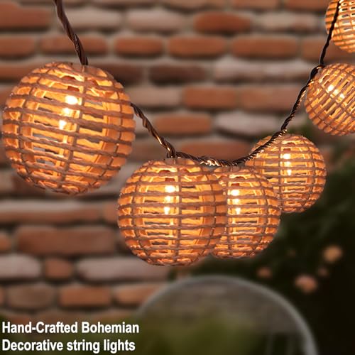 TWINKVILLA Decorative String Lights Plug in with 10 Incandescent Bulbs, Natural Rattan Globe Boho Lantern String Lights Connectable Weatherproof Outdoor Indoor for Bedroom Patio Pergola Decor