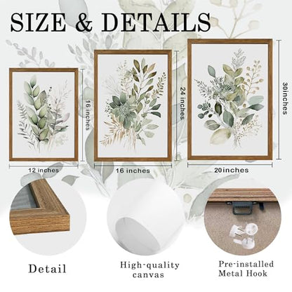 AVECCO 3 Pieces Green Watercolor Botanical Framed Canvas Wall Art 16x24 in - color: Sage Green Plant, size: 24"L x 16"W
