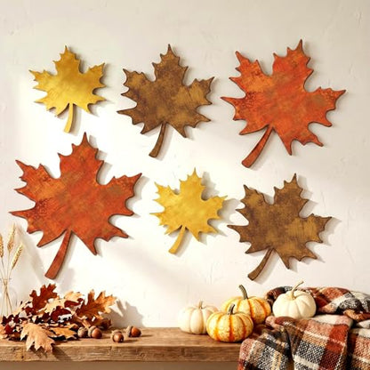 CroBlissful 6 Pcs Fall Maple Leaves Wall Decor Autumn Wooden Wall Art - size: 9.45 in, style: Solid