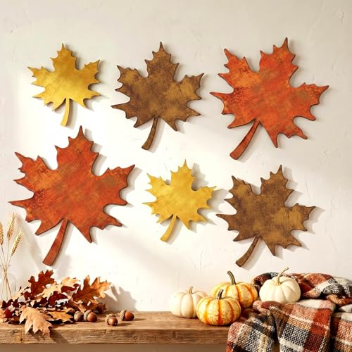 CroBlissful 6 Pcs Fall Maple Leaves Wall Decor Autumn Wooden Wall Art - size: 9.45 in, style: Solid