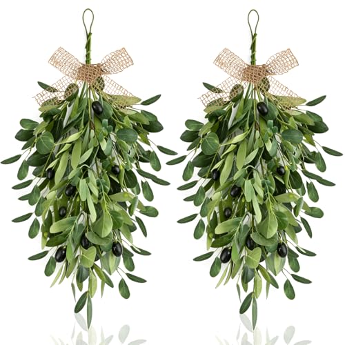 22" Spring Wreaths for Front Door 2 PCS Olive Teardrop Swag Summer Wreathswith Olive Leaf Fruit, Home Decoration for Outdoor Living Room Indoor Wall and Outside Summer All Season Wedding - size: Medium Olive Swags