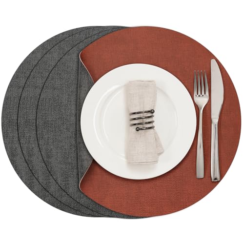 Myir JUN 14" Round Placemats Set of 4, Reversible Dual-Color Place Mats - color: Gray Terracotta