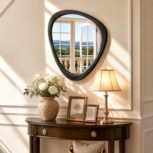 24" x 19" Asymmetrical Mirror, Solid Wood Frame, Irregular Design - color: Black, size: 24"L x 19"W