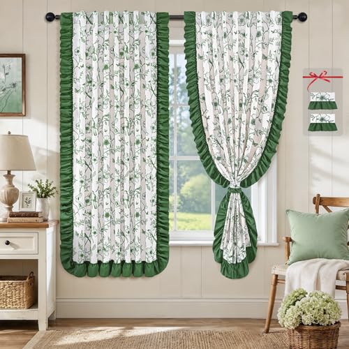 Yinhua Green Floral Curtains for Living Room 63 Inch French Country Linen Bedroom Curtains with Ruffle Tieback, Light Filtering Flower Patterned Window Curtain Rod Pocket Back Tab Drapes, 2 Panels - color: Green, size: 52"W x 63"L (Pack of 2)