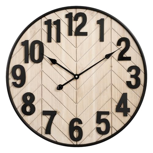 24 Inch Large Wall Clock for Living Room Decor, Rustic Wooden Farmhouse Wall Clock with Black Metal Frame, Battery Operated Non-Ticking Silent Wall Clocks for Home Decor (Brown) - color: Brown, size: 24 Inches