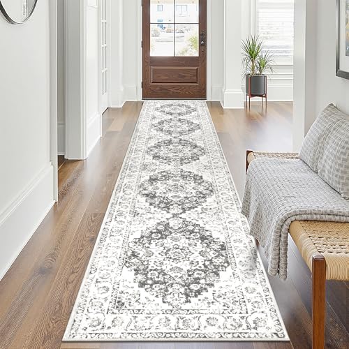 Pauwer Vintage Floral 2x10 Runner Rug, Non Slip Hallway Runner, Grey White - color: Grey/White, size: 2' x 10' (Runner)
