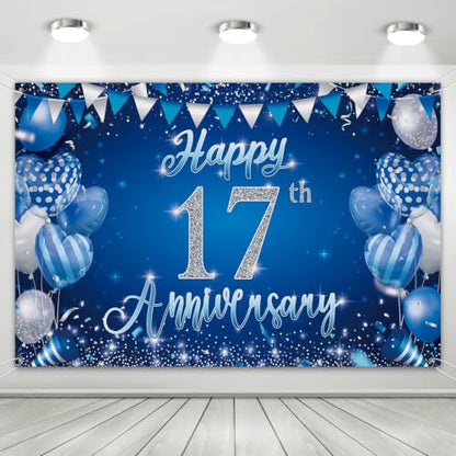 17th Anniversary Backdrop,Blue Silver 17th Wedding Anniversary Background - color: Blue, size: 17th