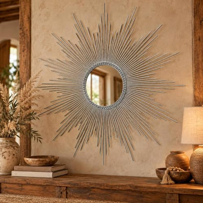 HomeRoots 32" Silver Metal Sunburst Geometric Framed Accent Mirror