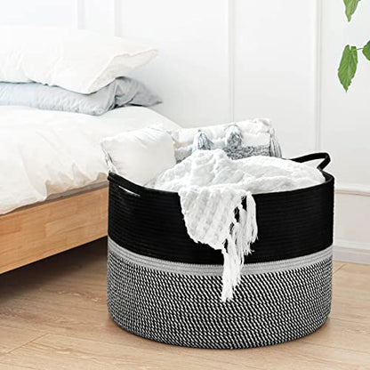 CHICVITA Extra Large Woven Rope Blanket Basket with Handles, Black - color: Black and Gray