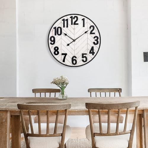 24 Inch Large Wall Clock, Rustic Wooden Farmhouse Wall Clock with Black Metal Frame, Battery Operated Non-Ticking Silent Wall Clocks for Living Room, Kitchen, Bedroom (Whitewashed) - color: Whitewashed, size: 24 Inches