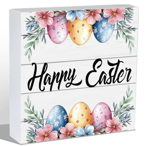 YUNKKIN Easter Table Decorations Easter Decorations Indoor Eggs Flowers Grass Home Room Office Bathroom Wood Box Sign Rustic Wooden Shelf Desk Decor Season Sign House Warming Gifts 5.9 x 5.9 Inch